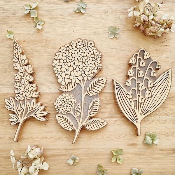 Set mit 3 Gummistempeln FLOURISH / groß / Blumen / florales Design / zum Stempeln auf Stoff / Papier / Karton / Holz