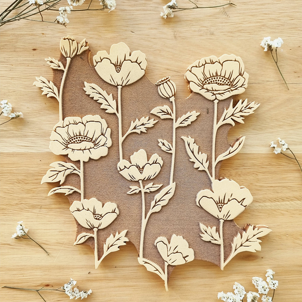 Rubber stamp block POPPY continuous print / botanical / floral / large size / textile / rapport / pattern