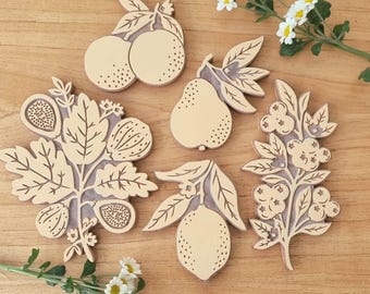 Set of 5 rubber stamps: Fruits / large size / flowers / floral design / stamp on fabrics / paper / cardboard / wood