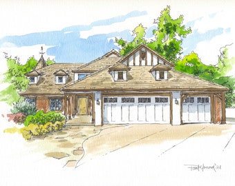 House Painting-Custom Pen Ink Watercolor Wash Home/House Portrait-FREE SHIPPING
