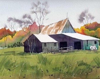 Barn in Fall-Print of an original watercolor painting