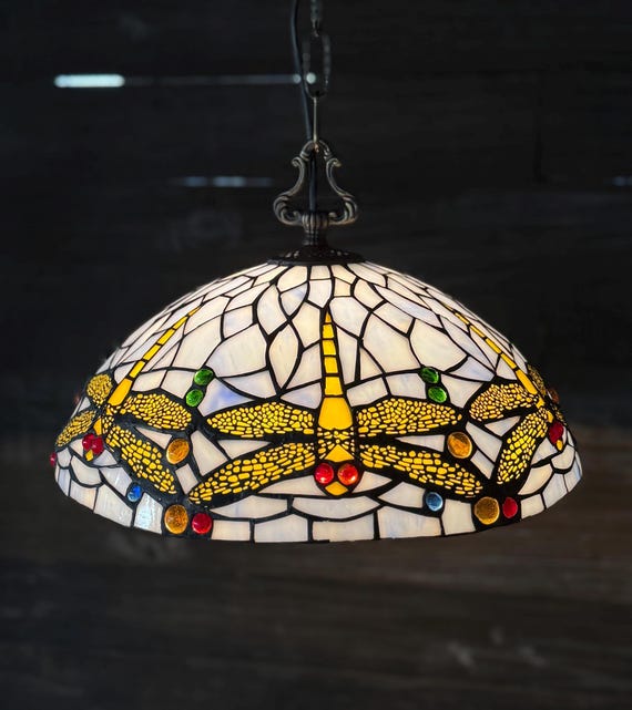 Lampe à suspension Tiffany libellule, décoration d'intérieur, éclairage ancien fait main, lampe lustre Tiffany animal de 34 pouces,