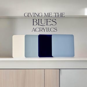 Láminas acrílicas en tonos azules de 3 mm de grosor, listas para cortar con láser e imprimir con UV. Tamaños de láminas Glowforge compatibles con láser.