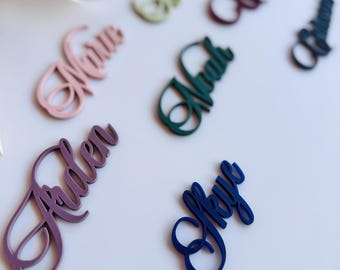 Custom Color Laser Cut Cursive Wedding Name Wording Place Card Cut Outs, Personalized Event Party Table Setting Guest Names Cutout