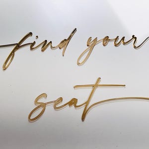 Find Your Seat Gold Mirror Laser Cut Cursive Wording For DIY Seating Chart Cut Outs, Personalized Event Party Cutout