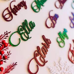 CHRISTMAS Laser Cut Cursive Place Card Name or Stocking Cut Outs, Personalized Table Setting Red Green Glitter Names