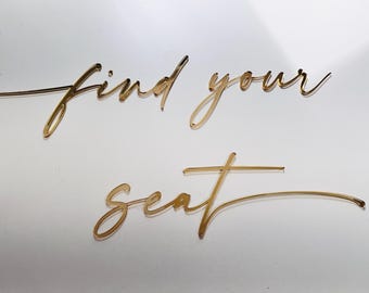 Find Your Seat Gold Mirror Laser Cut Cursive Wording For DIY Seating Chart Cut Outs, Personalized Event Party Cutout