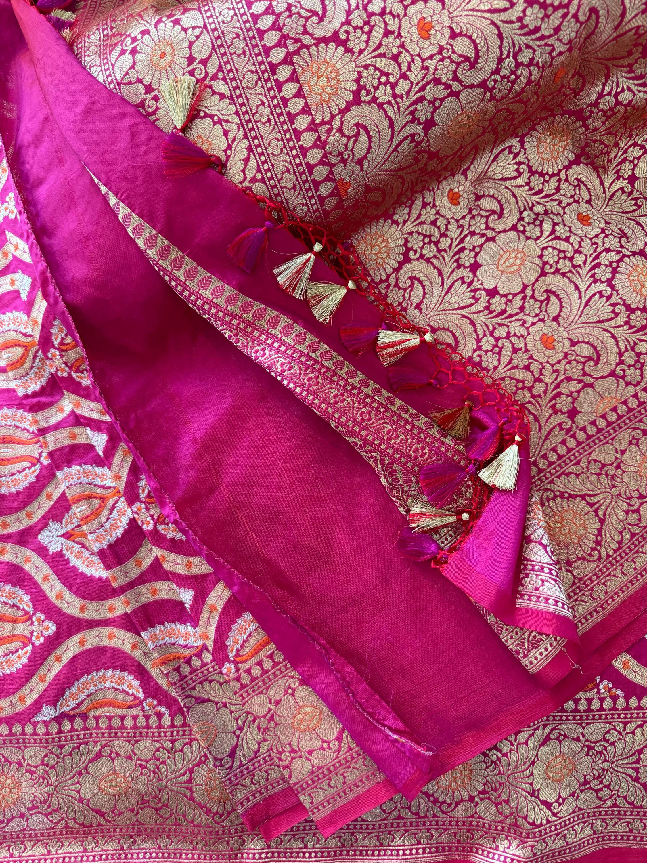 Handwoven Banarasi Katan Silk Saree - Red, Pink and Gold | With