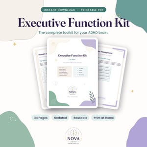 Puede incluir: Un kit de funciones ejecutivas en PDF imprimible de 34 páginas para la gestión del TDAH. La portada muestra el título, la marca Nova y una lista de áreas de enfoque como la iniciación de tareas y la regulación emocional en tonos pastel.