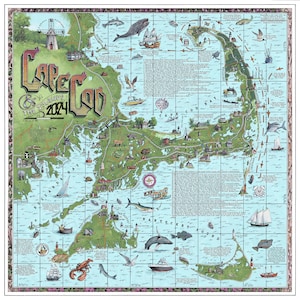 May include: A detailed map of Cape Cod and the Islands, featuring illustrations of landmarks, marine life, and boats. The map is titled "Cape Cod & The Islands 2024" in a decorative font, with a grid overlay and a decorative border.