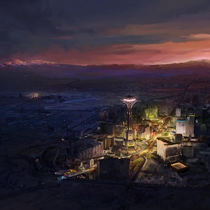 以下が含まれることがあります： 夕暮れ時の都市の航空写真。中央にはライトアップされたタワーがそびえ立つ。空は濃い青からオレンジ、ピンクへと変化し、遠くには山々が見える。建物や道路がライトアップされている。