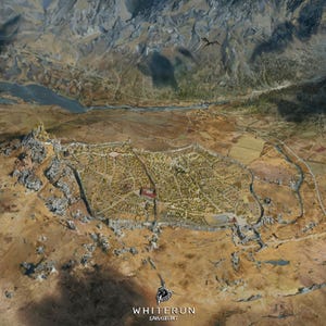 Może przedstawiać: Widok z lotu ptaka na szczegółową mapę fantasy przedstawiającą miasto położone w dolinie. Mapa przedstawia rozległy układ miejski z budynkami, drogami i otaczającym terenem, w tym górami, rzeką i polami. Tekst "WHITERUN" jest widoczny na dole.