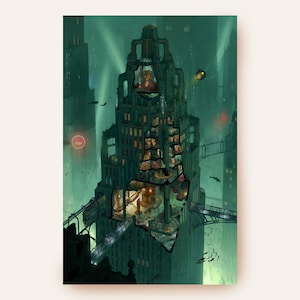 May include: A digital illustration of a tall, dark green skyscraper with a cutaway view revealing multiple interior levels. The building features glowing windows, a train on an elevated track, and a red circular sign with the text 1959.