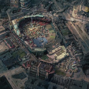 May include: An aerial view of a city with a large, open-air structure at its center. The artwork features a muted color palette with shades of gray, brown, and hints of red and green. Buildings and streets are densely packed, creating a complex urban landscape.