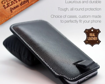 Black Genuine Leather iPhone Slip Pouch Sleeve: Pull Tab Design for Apple iPhone