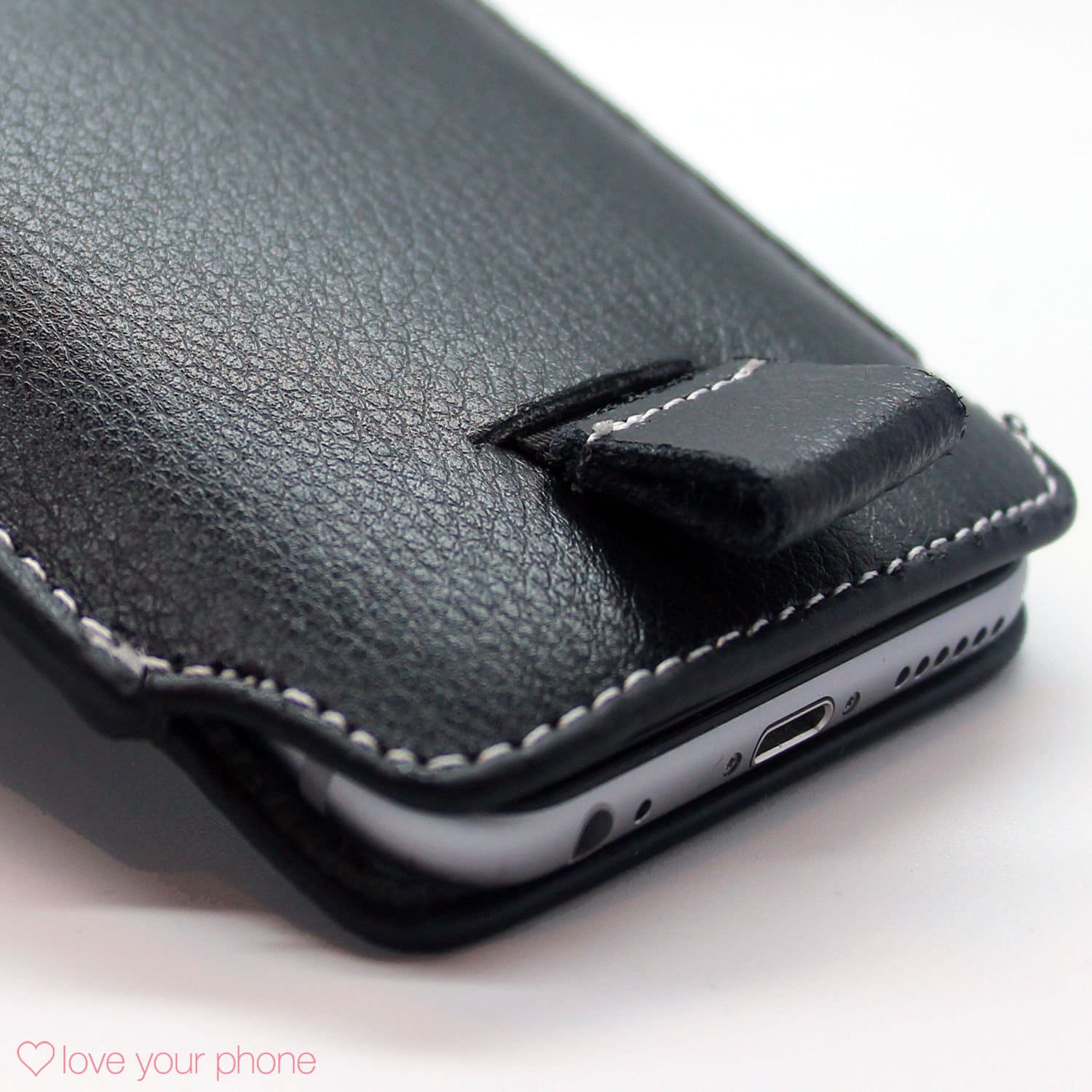 Black Leather Phone Sleeve: Minimalist Pouch with Pull Tab