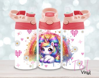 May include: Three pink and white water bottles with a unicorn, rainbow, and hearts design. The bottles have a pink lid with a carrying handle.
