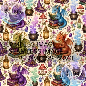 May include: A seamless digital pattern featuring colorful dragons reading books, steaming cauldrons with moon symbols, purple witch hats, lanterns, mushrooms, and crystals on a cream background. The text T & L Digital and SEAMLESS IMAGE appears.