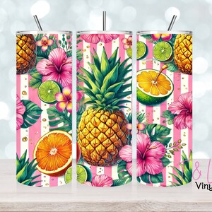 May include: A pink and white striped tumbler with a tropical design featuring pineapples, oranges, limes, and hibiscus flowers.