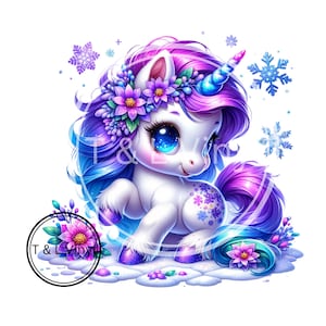 May include: A white unicorn with a purple and blue mane and tail. The unicorn has a blue horn and a flower crown with purple and pink flowers. The unicorn is standing on a snowy surface with snowflakes in the background.