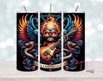 May include: A black and blue tumbler with a skull and flames design. The skull is holding a guitar and is surrounded by snakes and wings. The text "Rock & Roll Never Dies" is printed on the tumbler.