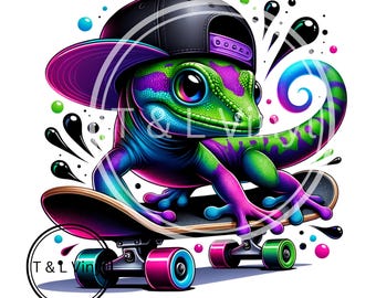 May include: A green, purple, and blue gecko wearing a black baseball cap with white accents is skateboarding. The skateboard is brown with pink and blue wheels. The background is white with colorful paint splatters.