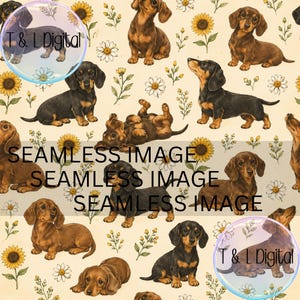 May include: A seamless digital pattern featuring brown and black dachshund dogs in various poses, interspersed with yellow sunflowers and white daisies on a light cream background. The text T & L Digital appears in circular overlays.