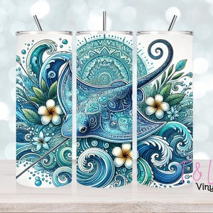 May include: A set of three stainless steel tumblers with a blue and white mandala design featuring a stingray, waves, and flowers.