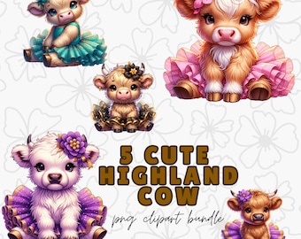 May include: Five digital illustrations of cute Highland cows wearing different colored dresses. The cows are all in different poses and have different expressions. The text "5 Cute Highland Cow png clipart bundle" is at the bottom of the image.