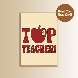 Cartão de agradecimento do professor, download digital, impressão, presentes de final de período, maçã vermelha para professor, fonte retrô, presente para impressão de última hora, melhor professor