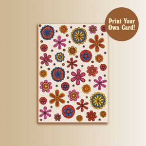 Flower Power Geburtstags-Digital-Grußkarte für Lehrer-Druck zu Hause leere Karte Blumenillustrationen-Retro inspirierte Wandkunst-Hand gezeichnet