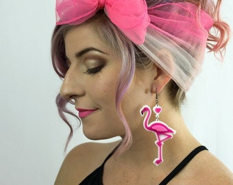 Flamingo Earrings - Large 3.5" - You select background color - Hooks, Leverback, or Clip-on - Big + Bright for Dopamine Dressing - Laser Cut