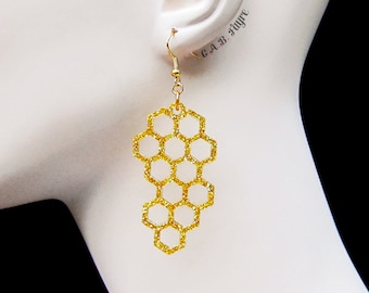 Honeycomb Earrings – Honey Bee Jewelry – 40 Color Options – Hook or Clip-On