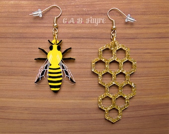 Honeybee & Honeycomb Earrings - Choose hooks, leverbacks, clip-ons, or studs - Laser Cut Acrylic Bee and Honey (C.A.B. Fayre Original)