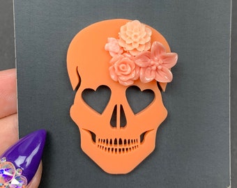 Blooming Love Skull Brooch - Bright Peach Heart Eyed Skull with Peach Flowers - Laser Cut Acrylic Skull Pin (C.A.B. Fayre Original Design)