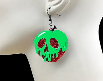 Poison Apple Earrings - Red Glitter Apple - You Select Poison Slime Color - Snow White Halloween Witch Earrings - Acrylic Laser Cut Earrings