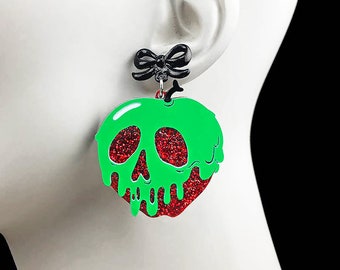 Poison Apple Earrings - Red Glitter Apple with Bow Earring Posts - Snow White - Halloween Witch Costume Acrylic Laser Cut Earrings