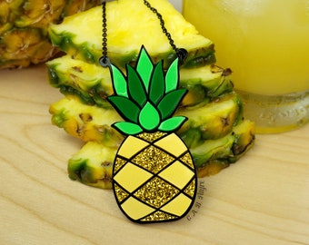 Gold Pineapple Necklace - Large 3" Golden Metallic Glitter Fruit - Tropical Tiki Vibes - Laser Cut Acrylic (C.A.B. Fayre Original Design)