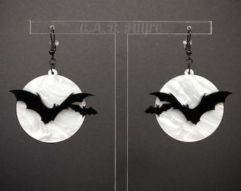 White Pearl Moon Bat Earrings – Gothic Vampirecore Jewelry – Halloween Costume Accessory – Clip-On or Hook