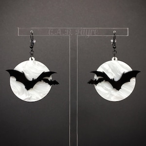 Spooky Bat Earrings – Gothic White Pearl Moon & Bat Jewelry – Witchcore Halloween Clip-On or Hook
