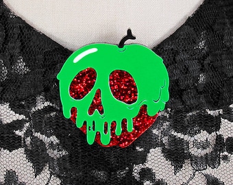 Broche de manzana venenosa - manzana con purpurina roja - usted selecciona el color del limo venenoso - blanco nieve - broche de disfraz de Halloween - pasador de corte láser acrílico