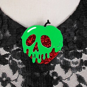 Poison Apple Brooch - Red Glitter Apple - You Select Poison Slime Color - Snow White - Halloween Costume Brooch - Acrylic Laser Cut Pin