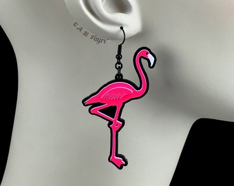 Neon Hot Pink Flamingo Earrings - 20 Color Options - Hooks, Leverback, or Clip-on - Laser Cut Acrylic - Bright for Dopamine Dressing