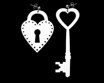 Lock Up My Heart Earrings - 40 Color Options - Hooks, Leverback, or Clip-on Options - LARGE Mis-Matched Lock and Key - Laser Cut Acrylic