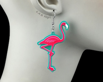 Neon Hot Pink Flamingo Earrings - You select background color - Laser Cut Acrylic - Bright Statement Earrings for Dopamine Dressing