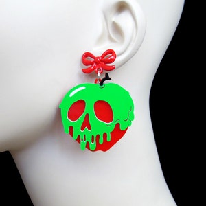 Poison Apple Earrings with Bow Posts - You Select Poison Slime & Apple Color - Snow White - Laser Cut Acrylic Halloween Costume Earrings