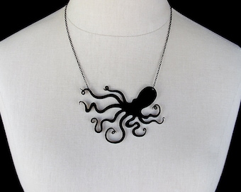 Octopus Silhouette Necklace – 4&quot; Octo Charm – 40 Color Options – Acrylic Nautical Sea Life Jewelry