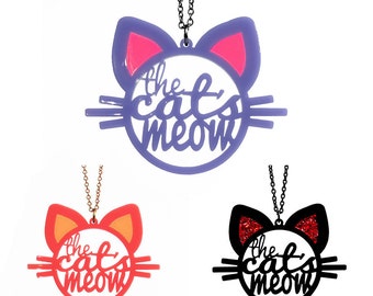 Cat’s Meow Necklace – Kawaii Cat Jewelry – 25 Color Options – Laser Cut Acrylic or Wood