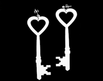 Key to My Heart Earrings - 40 Color Options - Hooks, Leverback, or Clip-on Options - Laser Cut Acrylic - Big Heart Topped Key Earrings