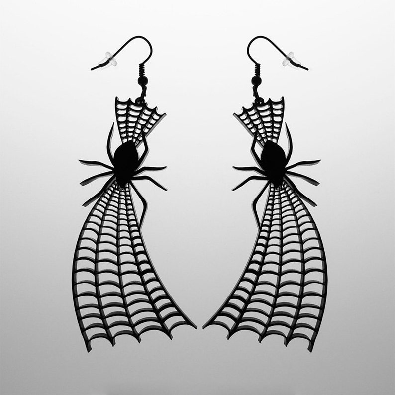 Spider on Web Earrings 25 Color Options Hooks, Leverback, or Clip-on Spider Web Earrings Halloween Gothic Laser Cut Acrylic Jewelry image 2